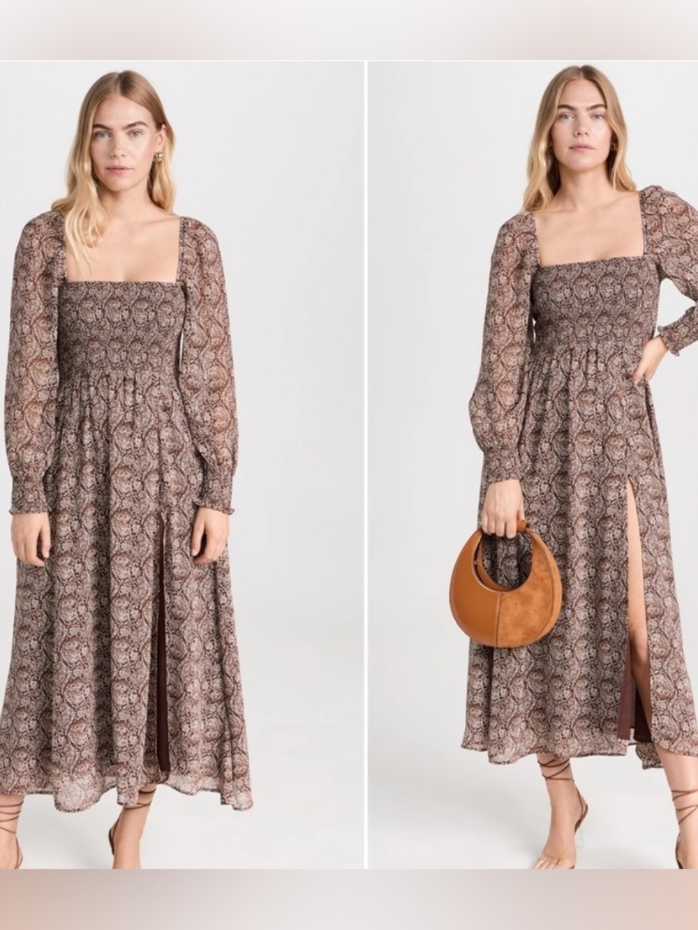 O.P.T. Smocked Brown/White Floral Paisley  Print Maxi Dress. Puff Sleeves Sz XL